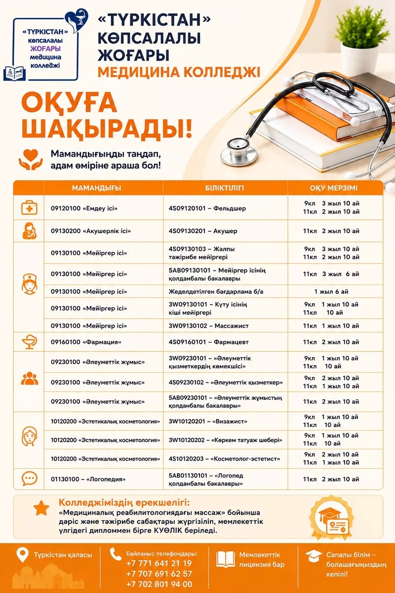 «Түркістан» көпсалалы жоғары медицина колледжі талапкерлерді шақырады! 2
